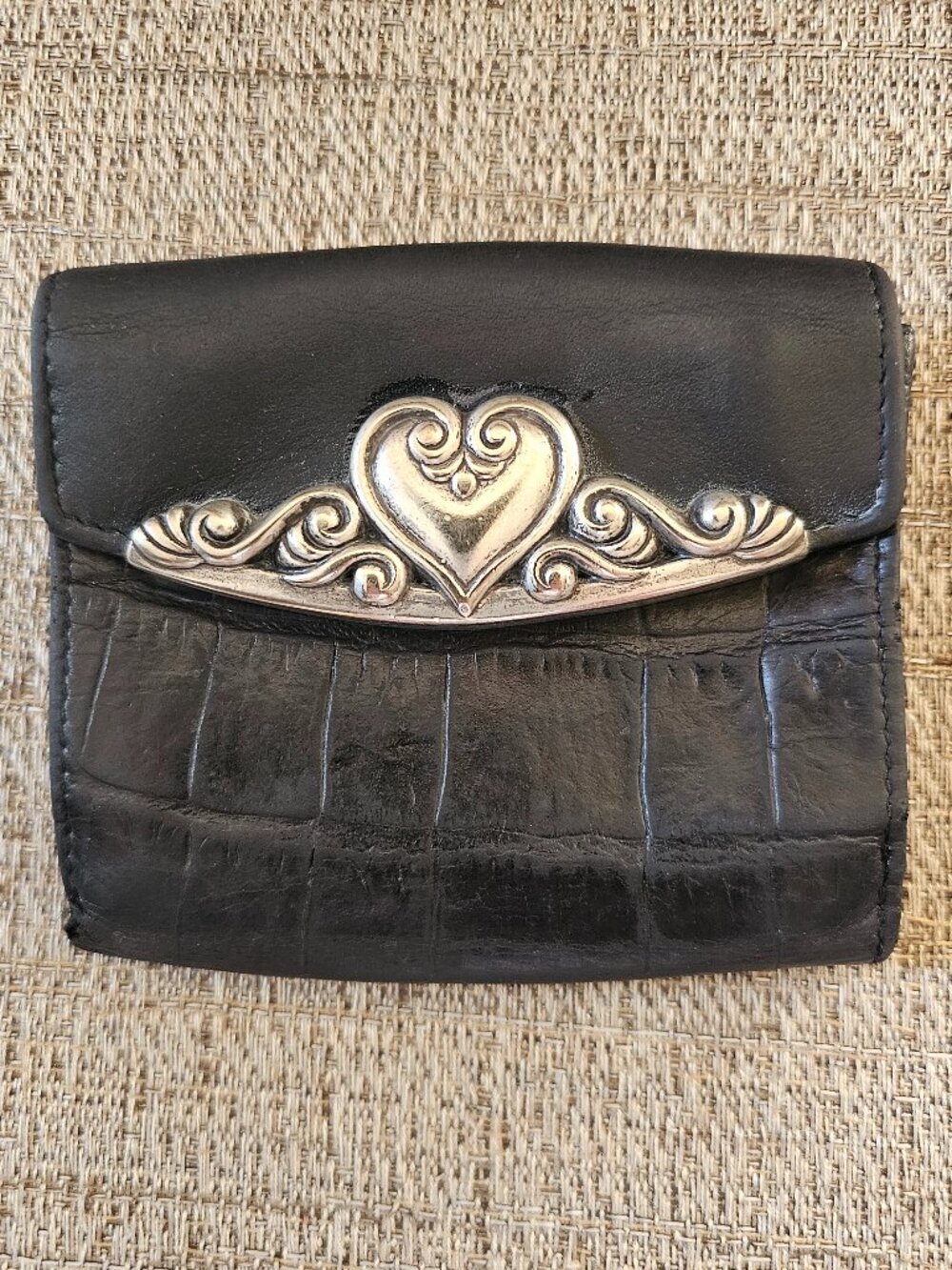 Brighton VINTAGE Black CROCODILE EMBOSSED Wallet  | Silver Heart Hardware